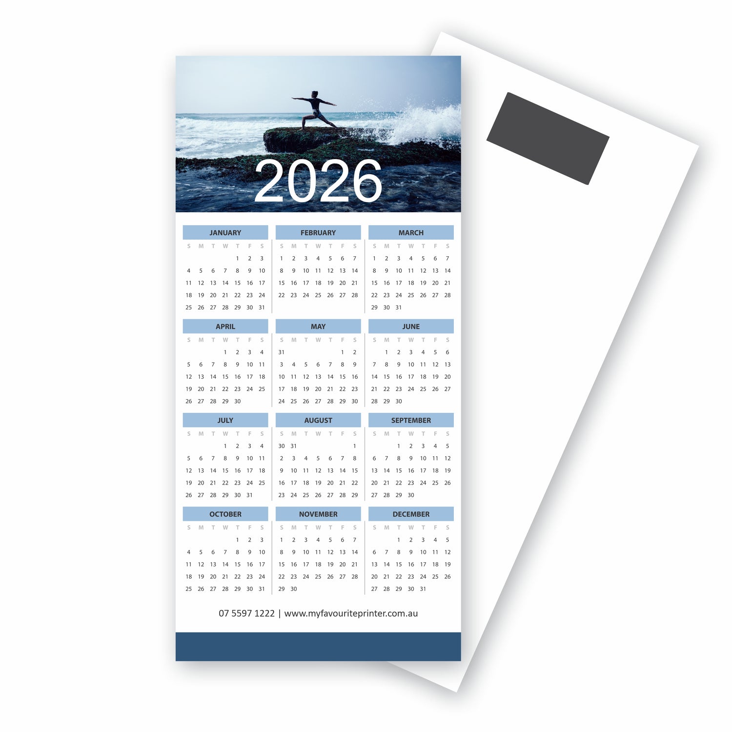 2026 DL magnetic business calendar with personalised branding, printed in our Gold Coast studio.