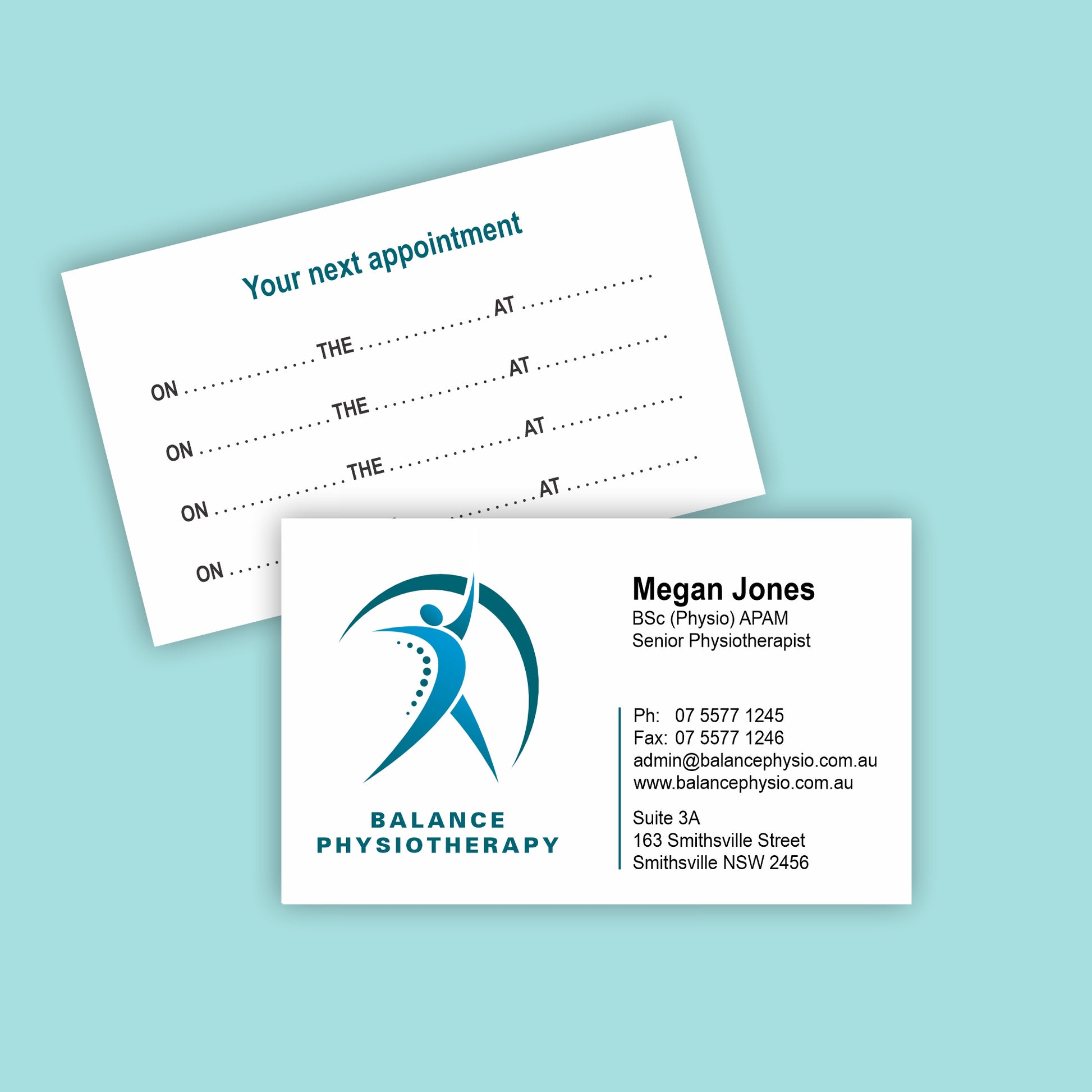 A photograph of a physiotherapist's appointment business cards printed both sides with room to write appointments on the back