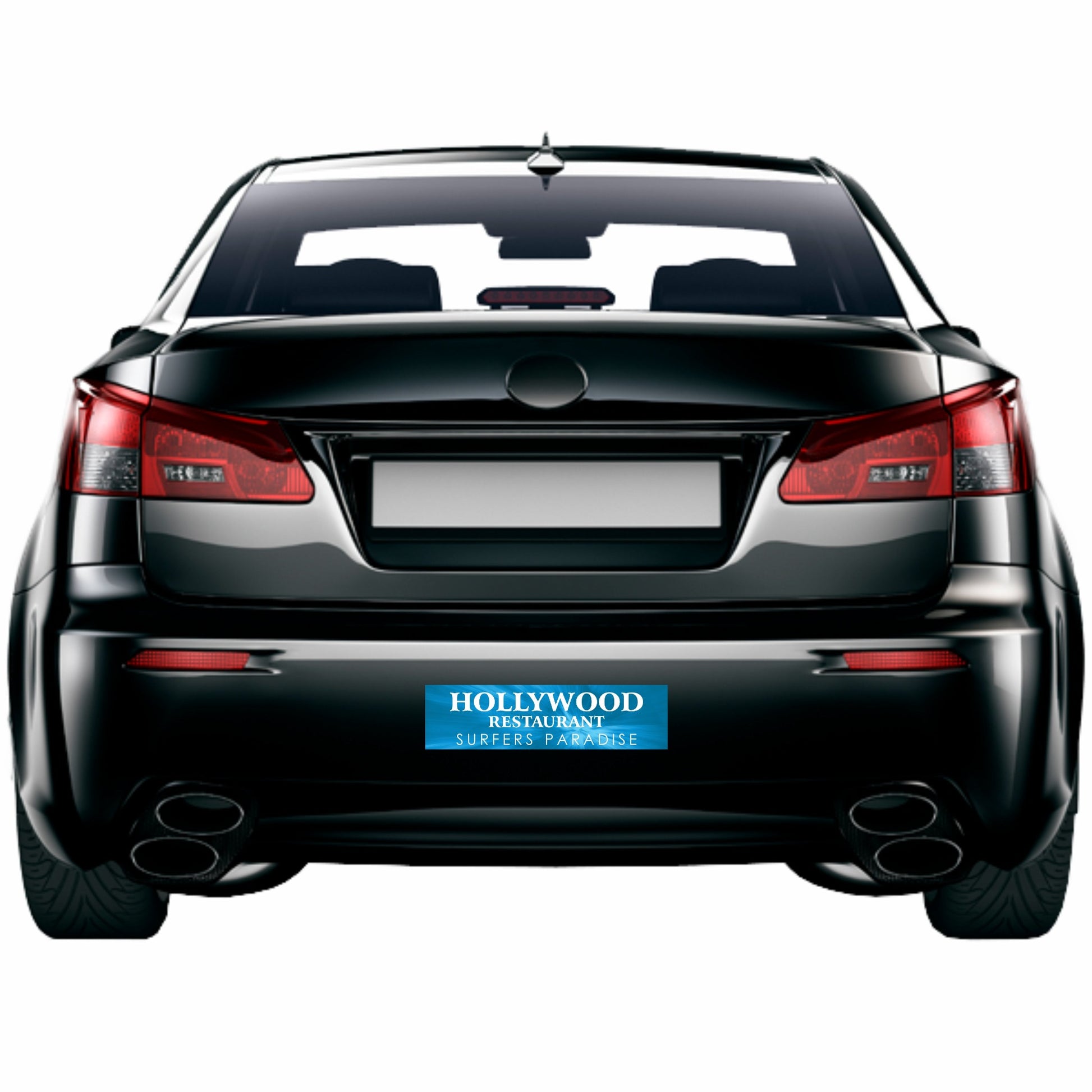 A photograph of a black car with a blue bumper sticker adhered to the rear bumper bar