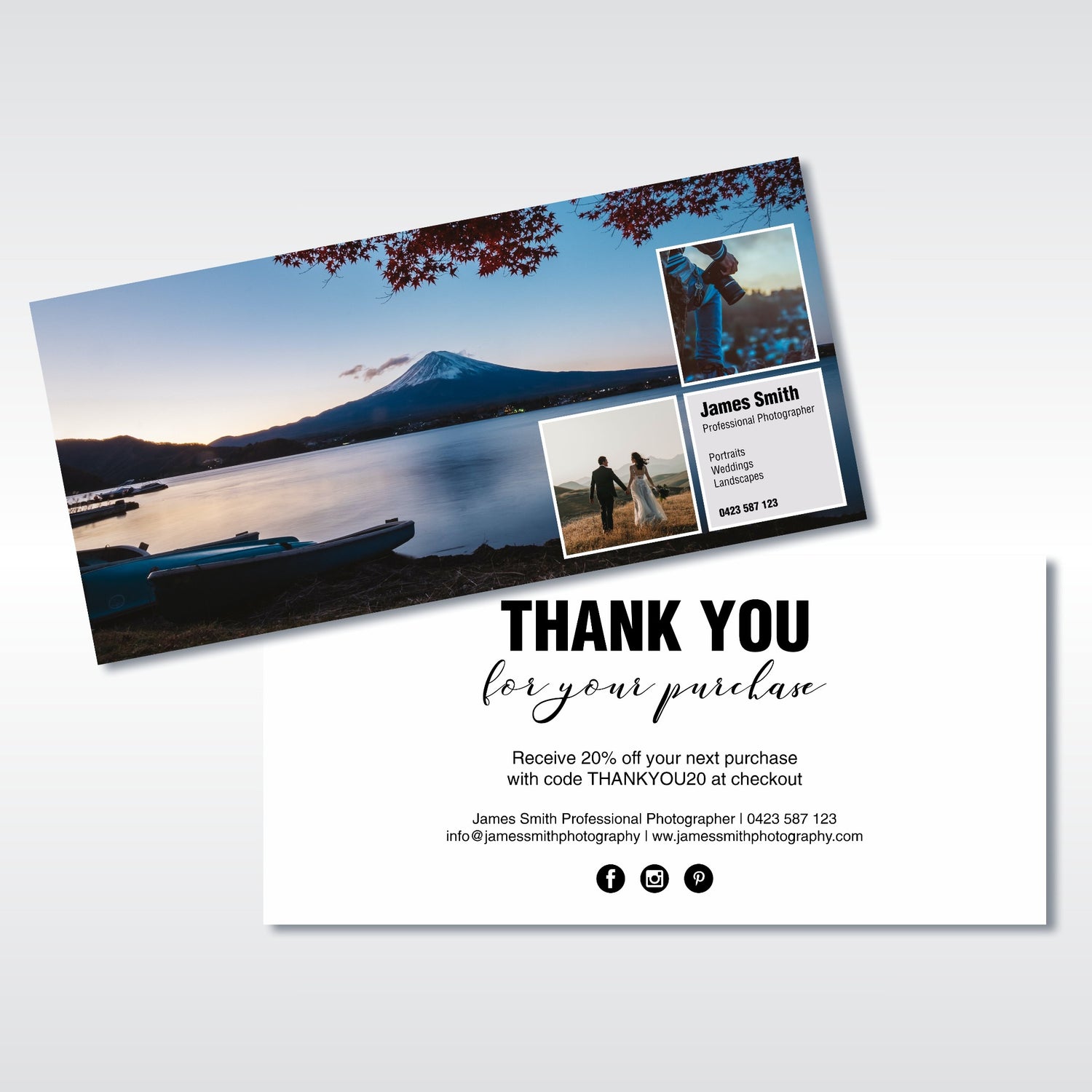 A photograph of fast printed postcards featuring glossy photos on the front and thank you and information on the back